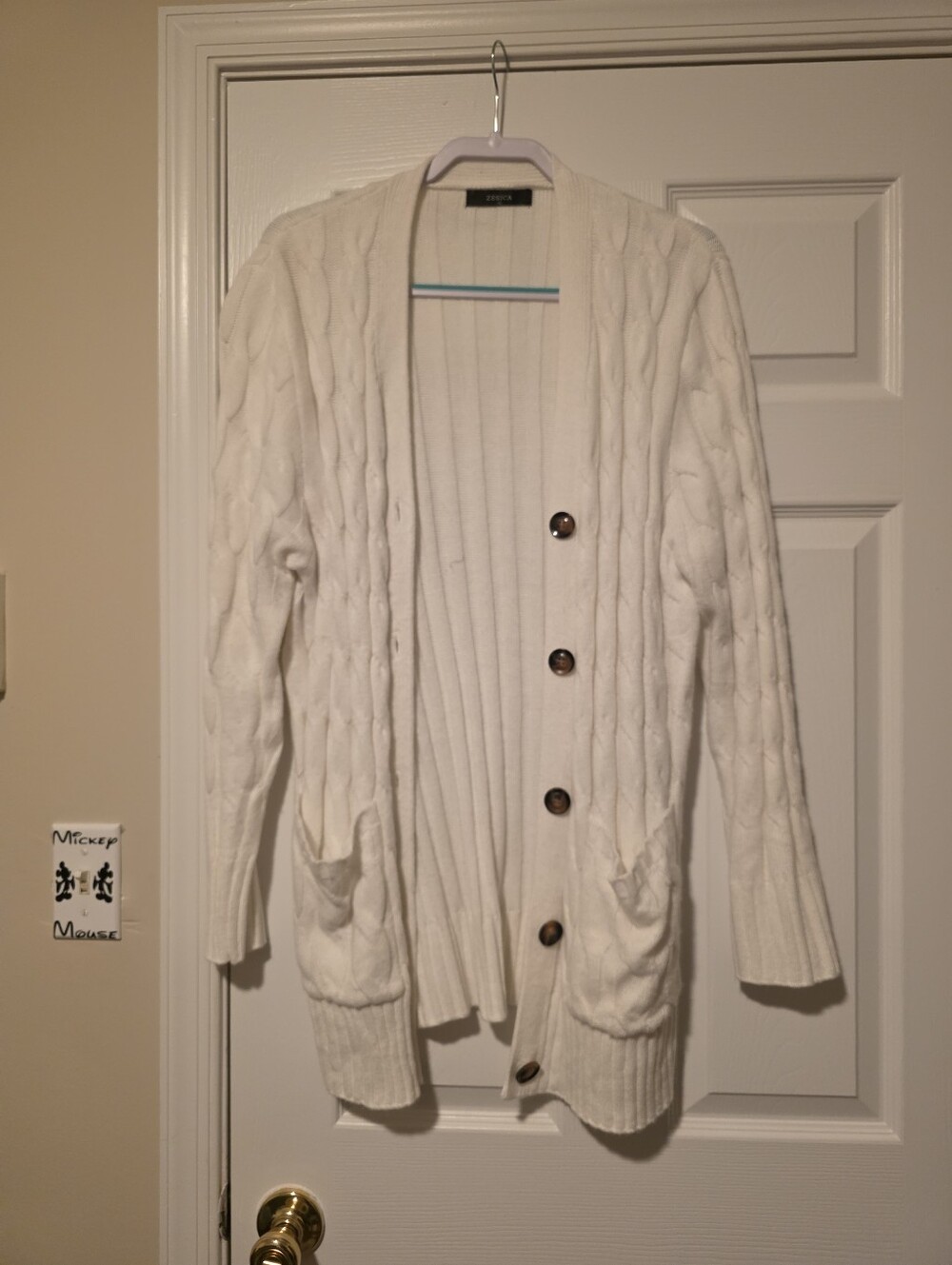 Open-Front Ivory Cable Knit Cardigan with Button Closure